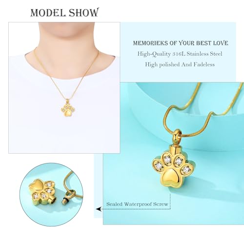 Paw Print Urn Necklaces for Ashes Pet Cremation Jewelry Gold