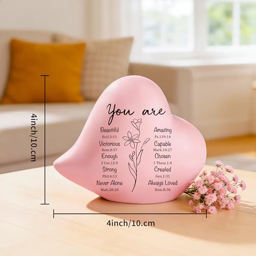 Pink Ceramic Heart Figurine, Christian Gift for Women, 4 Inch