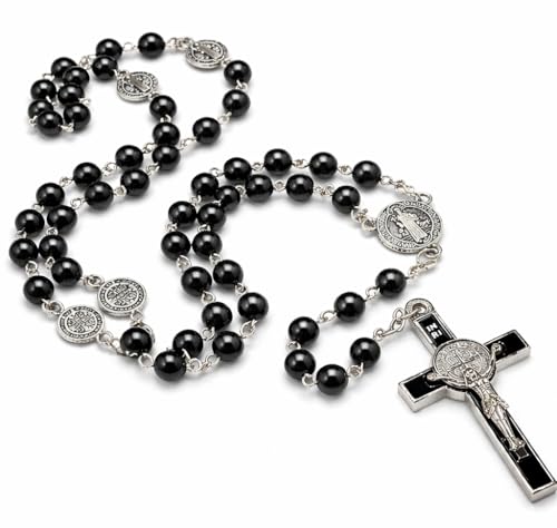 TALISMAN4U CATHOLIC ROSARY NECKLACE Black Hematite Beads St Benedict Medal
