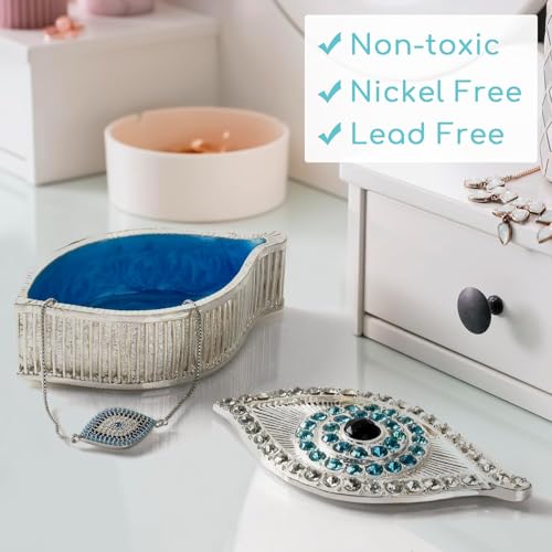 Evil Eye Jewelry Box - Handmade Gold Keepsake Box with Magnetic Closure & Crystals - Decorative Storage for Bracelets, Necklaces, Boho Home Decor Silver box - New