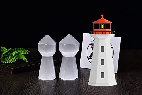 AMOYSTONE Selenite Crystal Tower Natural Crystal Lighthouse Shaped 6 Faceted Reiki Healing Chakra Selenite Sticks 3.9" 2PCS Rf149-lighthouse