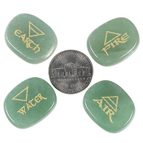 Amogeeli Set of 4 Engraved Stone with Triangle Symbol Palm Stone Healing Crystal for Reiki Balancing Green Aventurine
