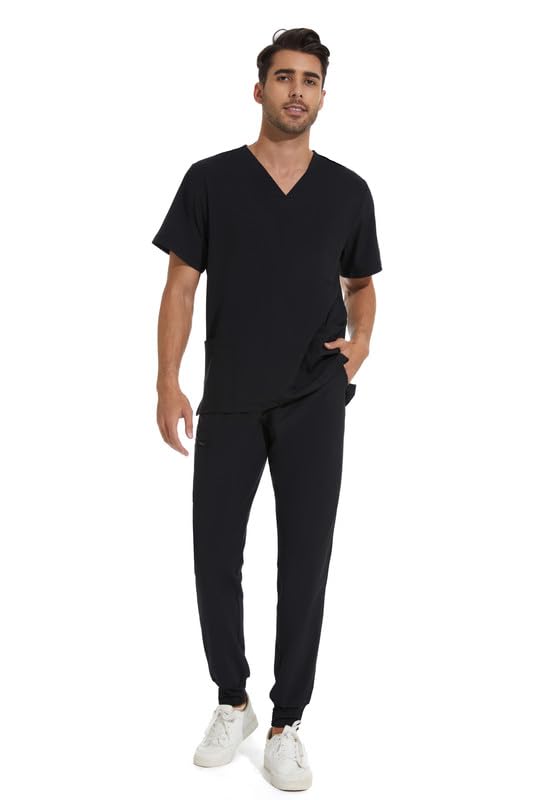 [Australia - AusPower] - Men Scrubs Set — Stretch V-Neck Scrub Top & Jogger Pant with 8 Pockets, Yoga Waistband, Anti-Wrinkle Scrubs for Men Black Medium 