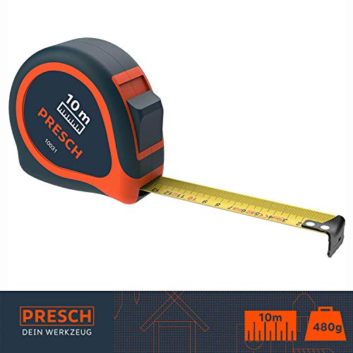 Presch Tape Measure 10 m - Robust Professional Tape Measure Riveted with Belt Clamp and Reel System - Roll Meter 10 m with Lock