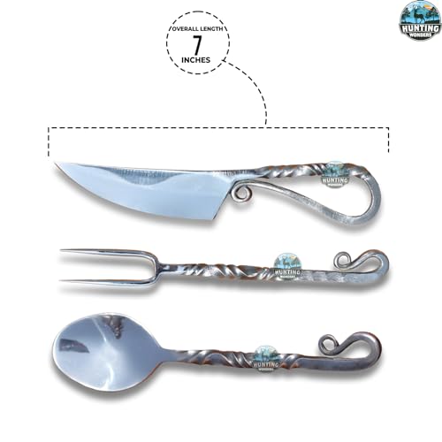 Customize Viking 3-Piece Medieval Cutlery Set, Hand Forged Feasting Set, Twisted Pattern Eating Utensils, Carbon Steel Flatware With Leather Pouch