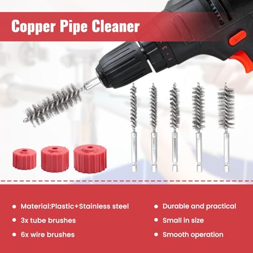 Copper Pipe Cleaner Set for Power Drill, Tube Cleaning Brush, Cleans Copper Pipes Tubes and Fittings for Soldering