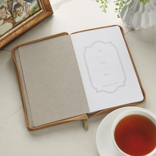 Christian Art Gifts Inspirational Zippered Journal, All Things Are Possible Wide Ruled Notebook, Matt. 19:26 Bible Verse, Taupe Brown Vegan Leather, 336 Lined Pages w/scripture, (9” x 6.4” x .9”)