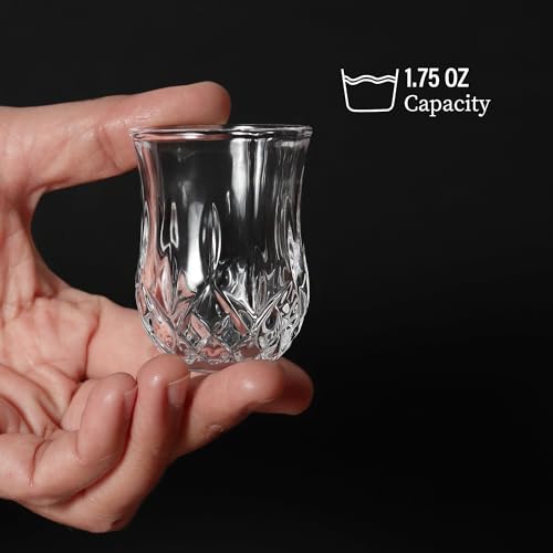 Quaffer Shot Glass (Set of 24) – Elegant Diamond Patterned Shot Glasses 1.75 oz – Classic Whisky Vodka Tequila Sherry Brandy Cordial Mini Snifters Glasses - Perfect for Parties, Bars, Events, Home Bar Set of 24