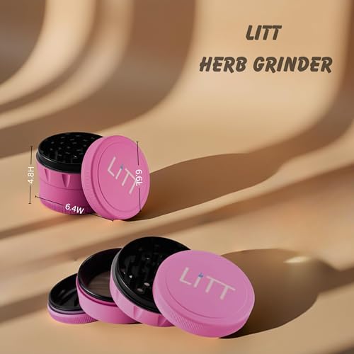 LITT Grinder - Premium Aluminium Herb Grinder with Unique Curved Teeth, Strong Magnetic Top Lid, 4-Piece Design, Kitchen Storage Accessories for Spices and Herbs | Pink