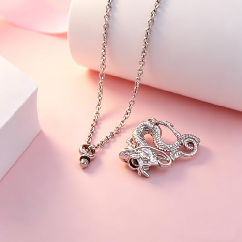 Chinese Dragon Cremation Necklace for Ashes — Dragon Urn Pendant Memorial Keepsake Jewelry for Men Women, Sympathy Remembrance Ash Holder with Screw-Top Seal Silver