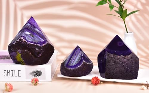 Natural Agate Geode Point Tower Faceted Crystal Stone Tip Rough Rock Base Dyed Purple 0.6-1.1 Pound