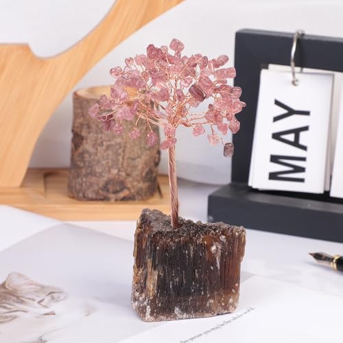 Amogeeli Healing Crystal Tree with Base, Handmade Money Tree, Feng Shui Arrangement for Positive Energy, Reiki, Meditation, Home/Office Decor, Strawberry Quartz Red
