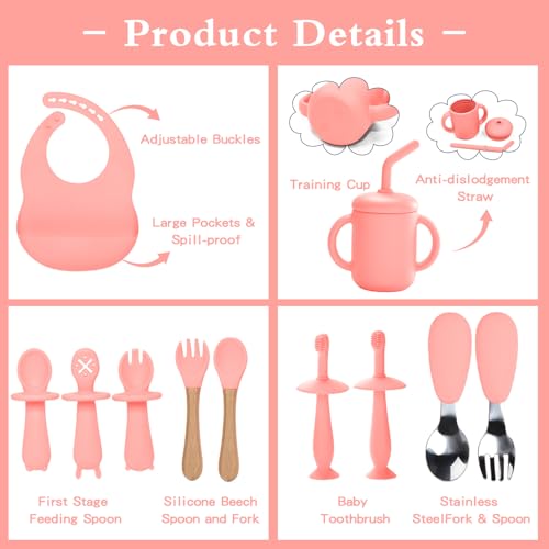 Silicone Baby Feeding Set - 13PCS Essentials With Suction Bowl, Plate, Spoons, Forks, Bib, Cup, Toothbrush - Led Weaning Supplies for 6+ Months Eating (Pink) Pink