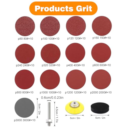 Sanding Discs Pad Kit, 2 Inch 50 mm Sandpaper with 80-3000 Grit, Uspacific Backer Plate, 1/4 Inch Shank Sponge Cushions for Drill Grinder Precision Tools (Pack of 130) Pack of 130 sanding discs, 50 mm