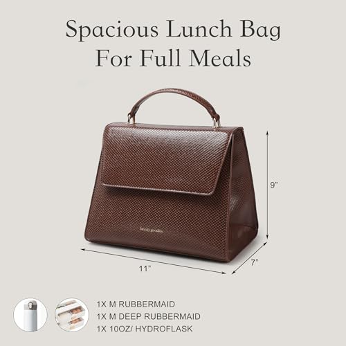 BEAUTYGOODIES Vegan Leather Insulated Lunch Bag for Women, Crocodile Pattern, with Shoulder Strap and Magnetic Closures. Brown