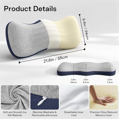 Lumbar Support Pillow for Bed, Memory Foam Pillows for Back Pain Relief, Lower Back Pain Relief Pillow for Sleeping, Adjustable Lumbar Pillow for Sleeping, Bed, Car, Couch (Grey - Navy Blue) Grey - Navy Blue