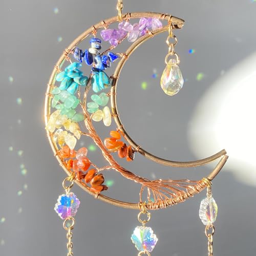 Colorful Crystal Moon Suncatcher for Window 7 Chakra Hanging Tree of Life φ 1.77 inch-Colorful Moon Suncatcher