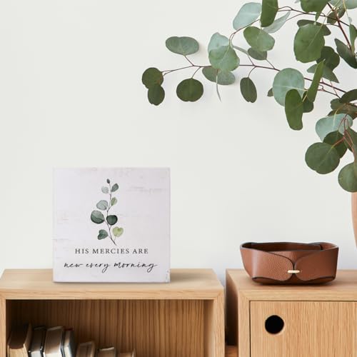 Mtrgdn His Mercies are New Every Morning Decor Sign,Christian Eucalyptus Desk Decor Sign,Bible Verses Wood Box Sign for Home Office Desk Shelf Wall Decor,5x5 Inch
