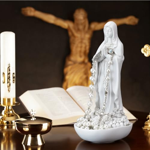Qunclay Virgin Mary Rosary Holder 7.8"H Mary Statue with White Cross Rosary