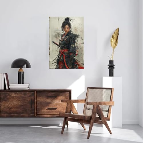 Japanese Female Samurai Wall Art Woman Fight Painting Canvas Prints Warrior Figure Pictures Bushido Posters Japanese Culture Theme Artwork for Bedroom Living Room Decor (18''W x 24''H) 18"L x 24"W Gray Black and Red