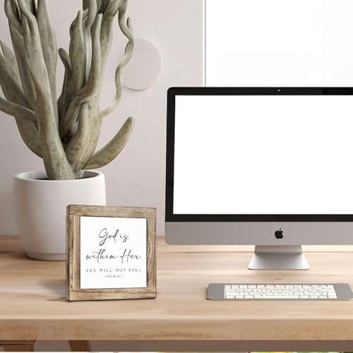 Christian Wooden Sign, Psalm 46 : 5 Decor, God is Within Her She Will Not Fall, Inspirational Wood Signs, Square Wood Block Sign Table Decor, Funny Office Desk Signs 5.9x5.9 Inches