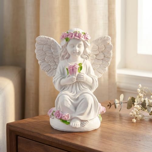 Guardian Angel Statue Angel Figurines with Pink Tulips Sitting With Tulip