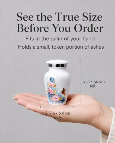 Small Keepsake Urn for Human Ashes - Floral Aluminum Mini Urn, Velvet Box
