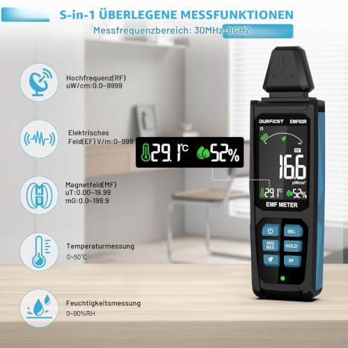 DURFICST EMF Meters, Rechargeable Radiation Detector for EF/RF/MF | 5-in-1 digital electromagnetic fields for WiFi signals as well as 5G, mobile towers, smart meters, WiFi, Bluetooth