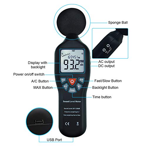 Digital Sound Level Meter with Tripod Mounting, Rear Light Display, High Accuracy Measurement, 30 dB - 130 dB, Compact Device, Noise from Industrial Machines, Environmental Measurements