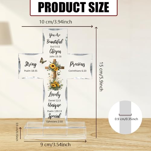 WEBEEDY Bible Verse Sunflower Catholic Cross Decor Acrylic Standing Cross with Base, Religious Gifts for Women Men Biblical Verse Catholic Cross Statue for Memorial Gift Home Office Decor, 10x15cm