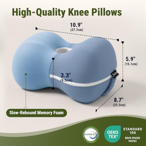 Knee Pillow for Side Sleepers - Cooling Pillow Between Legs for Side Sleeping - Memory Foam Knee Pillow with Strap for Hip Pain & Spine Alignment (Blue) Blue