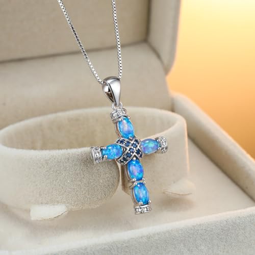 Blue Opal Cross Crucifix Necklace,Simple Birthstone Saint Cross Necklace