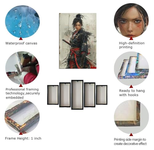 Japanese Female Samurai Wall Art Woman Fight Painting Canvas Prints Warrior Figure Pictures Bushido Posters Japanese Culture Theme Artwork for Bedroom Living Room Decor (18''W x 24''H) 18"L x 24"W Gray Black and Red