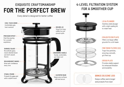 French Press Coffee Maker 304 Stainless Steel Double Mesh Filter, Borosilicate Glass French Press-34oz Black 34oz-Clasic