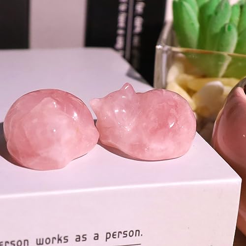 QINJIEJIE Rose Quartz Cat Decor Pink Gift Crystals Cat Stone Figurine B-pink-rose Quartz 1.5 inches