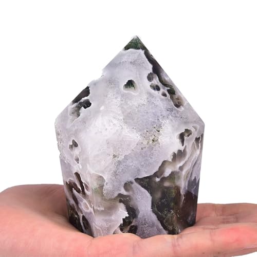 Moss Agate Stone Tower Obelisk Large Healing Crystal Rock Point Wand Reiki Healing Meditation Stone 0.6-1.1 LBS Moss Agate 0.6-1.1 Pound