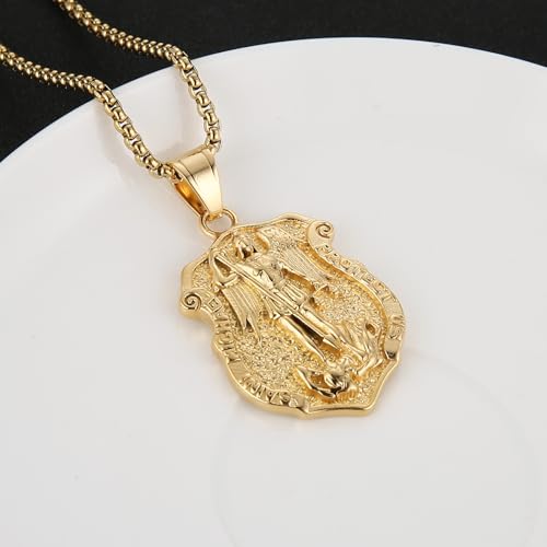 HZMAN Saint Michael Necklace, Stainless Steel St Michael the Archangel Pendant Amulet for Men Women Gift Gold Saint Michael protects us