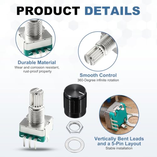 sourcing map 5Pack EC11 Rotary Encoder Code Switch, 15mm Full Shaft Digital Potentiometer 5 Pins with Push Button for Audio, DIY, Instrument Control, DVD, With Black Metal Knob