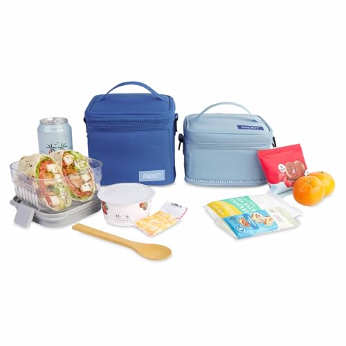 PackIt freezable small 3-in-1 lunch box in sky blue and azure blue, with 3.2L capacity, featuring a compact, versatile design.