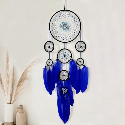 Blue Evil Eye Dream Catcher Wall Decor, Jiyamony Dreamcatcher Hanging Pendant for Home Protection and Blessing Decor with a Car Accessories Evil Eye Charm Gift Blue