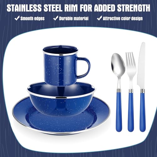 LemonRoad 9 Pcs Camping Enamel Plates Cups and Bowls Set Camping Mess Kit, Enamel Bowl Mug Plate Knife Fork Dishwashing Sponge Utensil Bags Storage Straps Lightweight Tableware for Backpacking Hiking