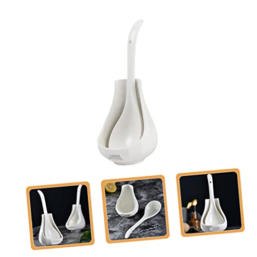 COLLBATH Ceramic Soup Spoon Rest Set Large Rice Spoon and Porridge with Utensil Holder 8.85 in Porcelain Ladle for Serving Soups Snacks Desserts Kitchen Dining Restaurants