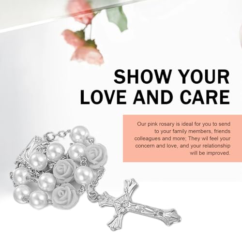 2 PCS Car Rosary Rearview Mirror, Personalized Blessing Rear View Mirror Hanging Decors, Rose Cross Rosary Car Interior Decor, Universal for Most Cars (White) 2 PCS White