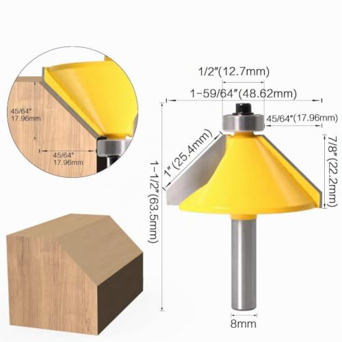 45 Degree Chamfer/Bevel Edging Router Bit with 8 mm Shank, Chamfer Cutter Groove Cutter Router Bit Wood Cutting Tool with Ball Bearing