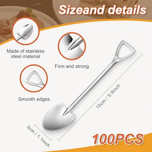 100 Pack Shovel Spoons, 6" Stainless Steel Mini Dessert Spoons for Ice Cream & Cake, Metal Tasting Spoons for Party Supplies, Demitasse Espresso Coffee Spoons, Bulk Mini Spoons