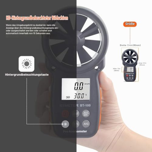 BTMETER Digital Anemometer - Handheld Wind Gauge - Digital LCD Meter for Precise Wind Speed Measurement (CFM) with Max./Min./Average - LCD Backlight - for Shooting BT-100 wind gauge, 1 piece