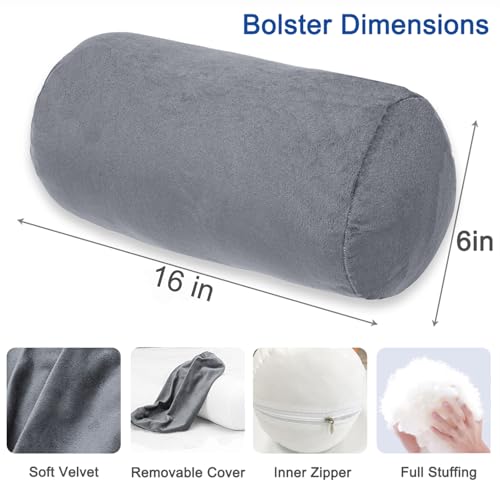 1 MIDDLE ONE Bolster Pillow with Removable Velvet Cover, Round Cylinder Neck Roll Pillow for Head, Back, Leg Support, Decorative Bed and Couch Pillow 16 x 6 Inches (Grey) Grey 16 inch