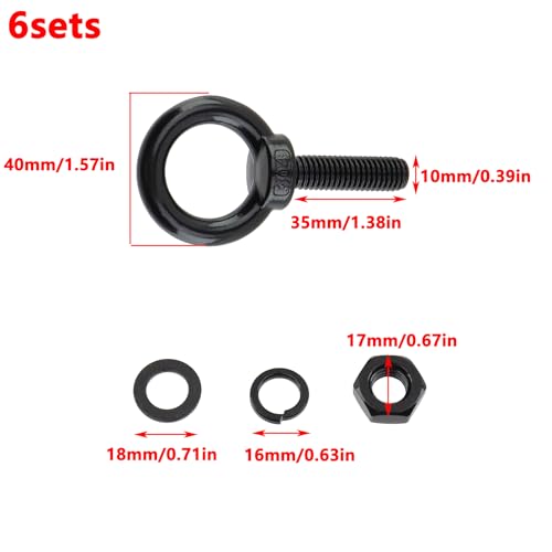 Antrader black lifting shoulder eye bolts, M10 x 35mm, 6 sets
