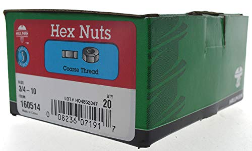 Hillman Grade 5 coarse finish hex nuts, 3/4 x 10-inch, 20-pack beside product packaging