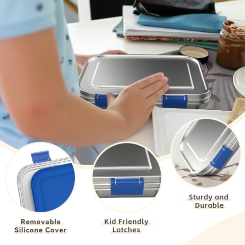 BOSEDSANG Stainless Steel Kids Leak-Resistant Bento Lunch Box, 3-Compartments with Silicone Container, Dishwasher-Safe, Child-Friendly Design for School, Picnics & Travel,BPA-Free (Blue) Blue